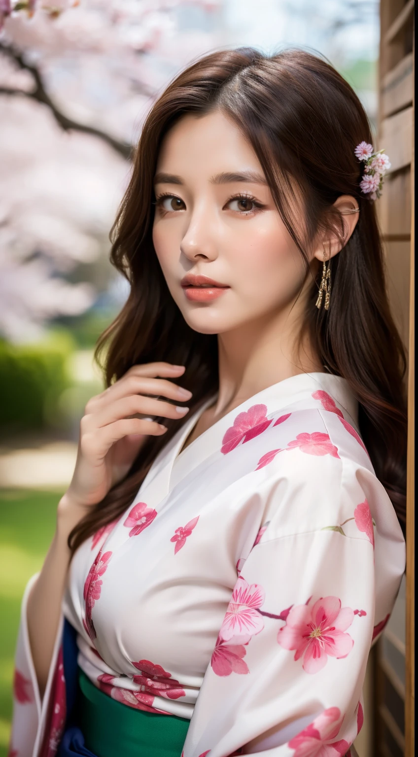 ((highest quality, 8K, masterpiece: 1.3)), sharp focus: 1.2, beautiful woman with perfect figure: 1.4, (kimono), Highly detailed face and skin texture, fine eyes, (lips), dark brown hair, outdoor、cherry blossoms