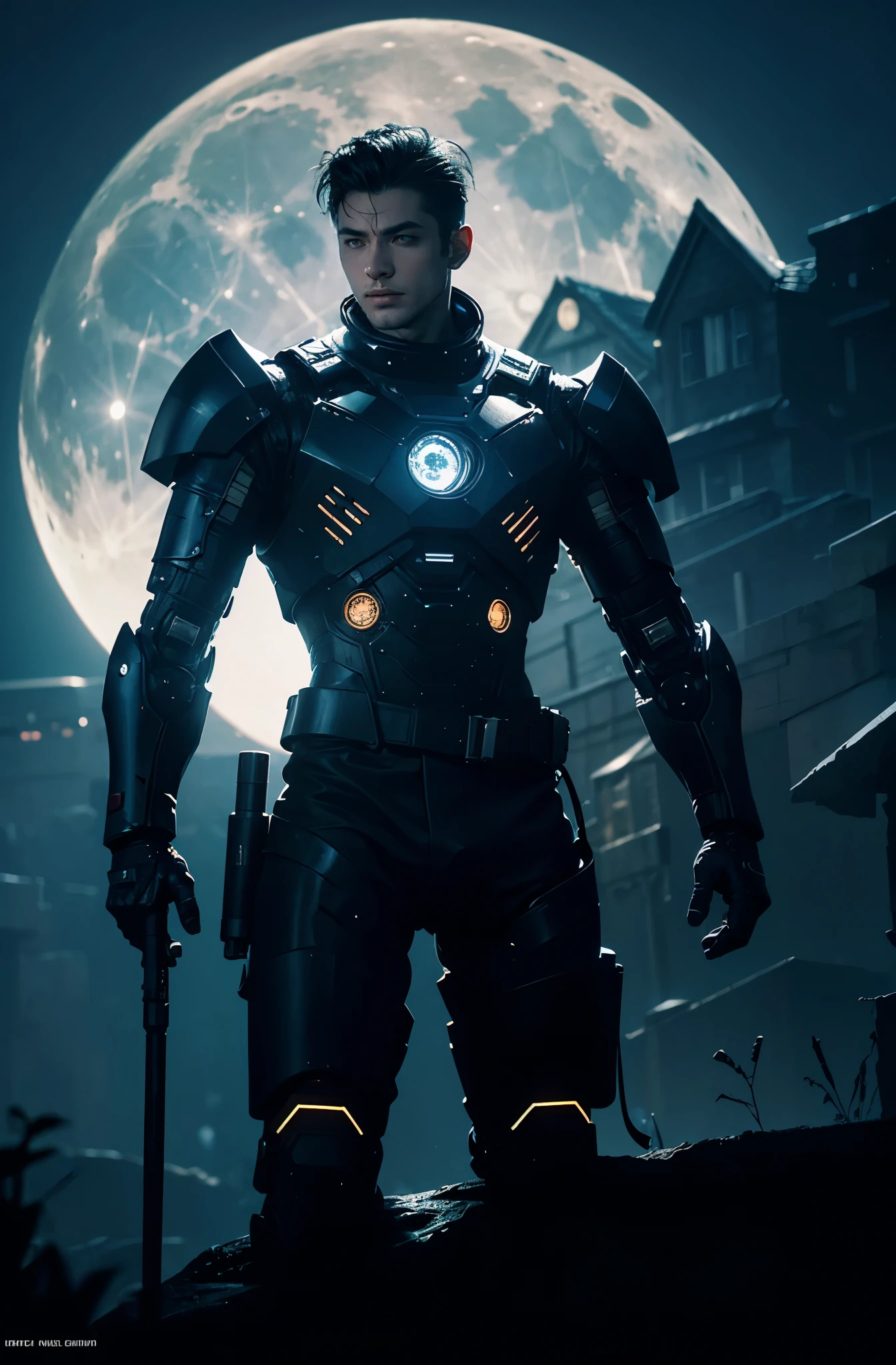 The moon shines brightly on a Dark Fantasy cityscape, where a solitary figure of a man stands amidst the Cyberpunk landscape. Surrounding him are mechanical marvels of robotic guns with a distinct blue hue (1.1), their metallic structures gleaming under the lunar light. The man, acting as a cybernetic guardian, exudes a robotic presence, his angular features and sharp lines contrasting against the soft glow of the moon. The scene is imbued with a sense of intrigue and mystery, as the man remains still, leaving the audience wondering about his true intentions. This stunning illustration boasts a high resolution, showcasing every minute detail in ultra-