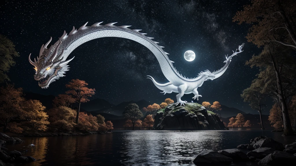 Realistic night scene professional photography with moonlight illuminating a gigantic white eastern dragon, very long body, long hairs, tiny hands and legs, scales feature dark wood textures, emitting a white fluorescent glow, dragon's body partially entwines around giant red trees by the lakeside, mid autumn, colourful trees, ancient Chinese dragon, looking firmly at the camera, close-up shot, high resolution, exceptional details, 4K quality, cinematic visuals.
