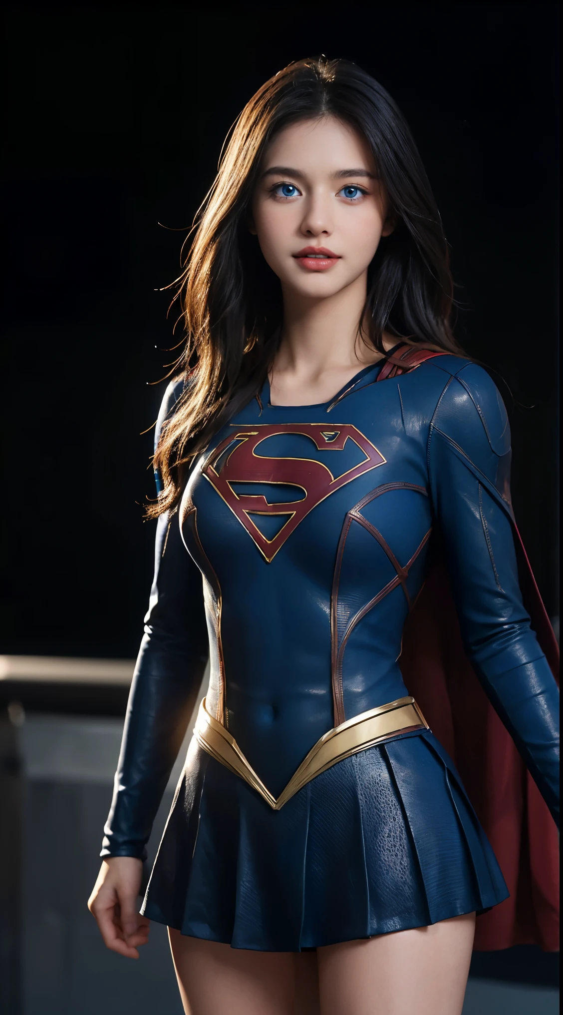 8K, Top Quality, Intricate Details, Ultra Detail, Ultra High Resolution, Masterpiece, close up shot, Slender, Smile, (Makeup: 0.4), (Fluffy Blue Eyes: 1.21), blue Eyes, looking at viewer, (()), 1girl, solo, 1 girl, (( )), , , ((tall)), (((fit body))), (((slim face))), sharp face ,black hair, long hair,, )) , (detailed face), sharp face, small lips, standing ,spread leg , , ((supergirl suits)), ((detail belly )), detail fingers, detail hands, detailed face, detailed breast, , large breast, , , Beautiful girl with accentuated slender abs: 1.4, Six Pack Abs: 1.4, Bust Botox, Big, Perfect Body, (( dark background)), black background,