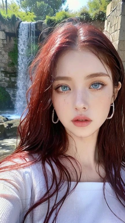 4 miniature Beautiful handsome woman, ((top quality, 8k, masterpiece:1.retty woman, 1woman, huge breasts:1.3, slender figure:1.1, elastic red long hair, (shower, wet body, wet clothes:1.1), very detailed face, detailed lips, detailed eyes, double eyelids, detailed blue eyes, extremely detailed outstanding blue eyes, red wet hair, red wet hair, detailed outstanding BLUE EYES, innocent stare at the viewer, extremely wet wavy red hair, detailed outstanding BLUE EYES, raining outside, huge earrings, Oasis, Waterfall, naked ass
