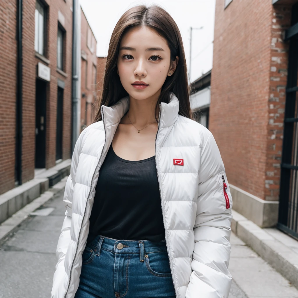 white down jacket,Wearing casual fashion,Go out with a smile, Yoshitomo Nara, good young girl, sexy :8, reluvy5213, attractive pose, sexy girl, gorgeous young korean woman, beautiful asian girl, japanese model, korean girl, High resolution,8k,Port of Yokohama,Brick warehouse,armpitsk,Arched back