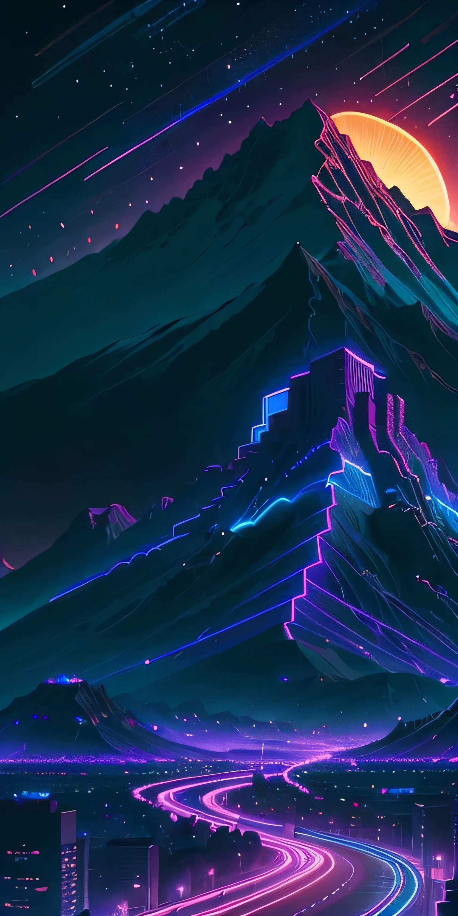 retro wave, road, city, purple and blue neon lights, sun, mountain, night sky, futuristic, 
(masterpiece, ultra detailed, high resolution)