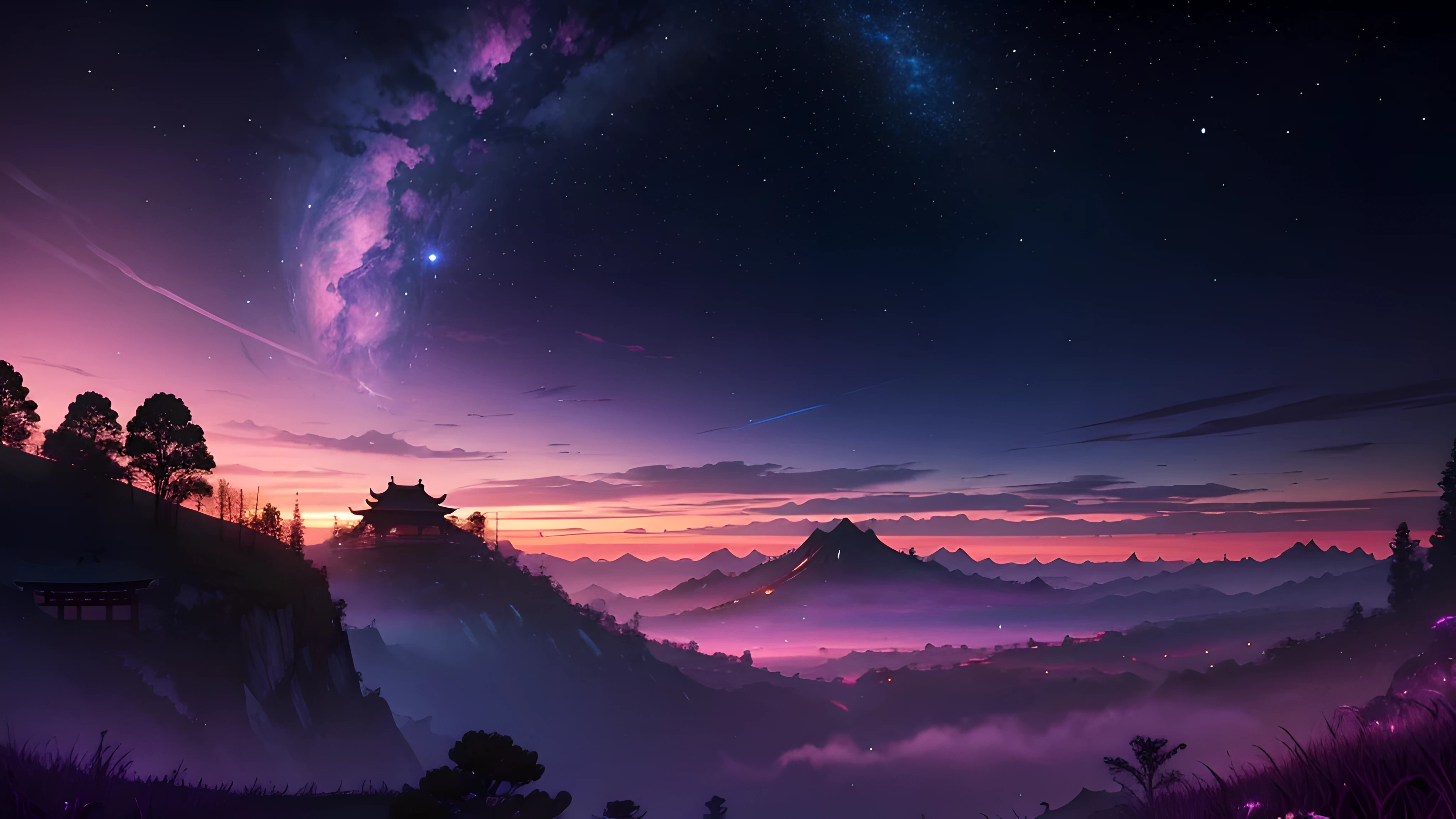 The picture is bright,Plenty of lighting. no humans. (((Xin Haicheng style)),pixiv,anime drawing,high quality,pink purple sky,Beautiful scenery),(universe,train passing by,Magical Realism,((Xin Haicheng style)) ::0.8), [Artistic atmosphere, atmosphere:0.8, starry sky, hills, snow mountain, soda water, Grass, trees, smokes, Star, low angle of view, specular scattering,