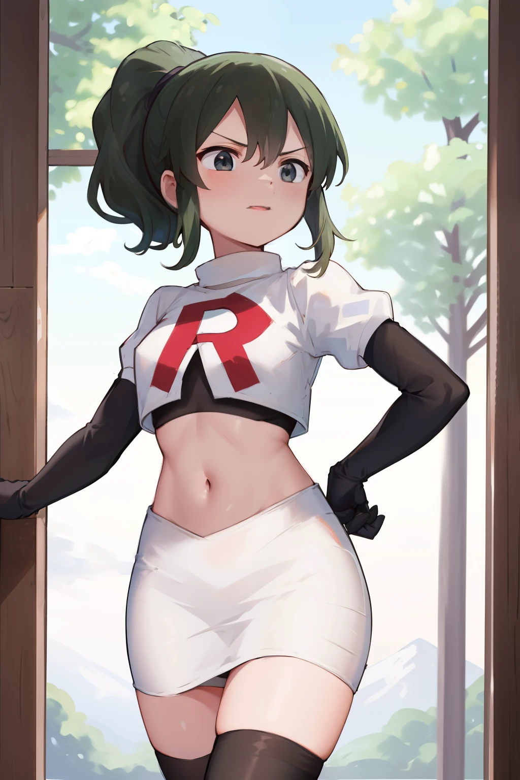 masterpiece,best quality,highres,aafutaba,medium hair,ponytail,cowboy shot,outdoors,team rocket,team rocket uniform, red letter R, white skirt,white crop top,black thigh-highs,black elbow gloves