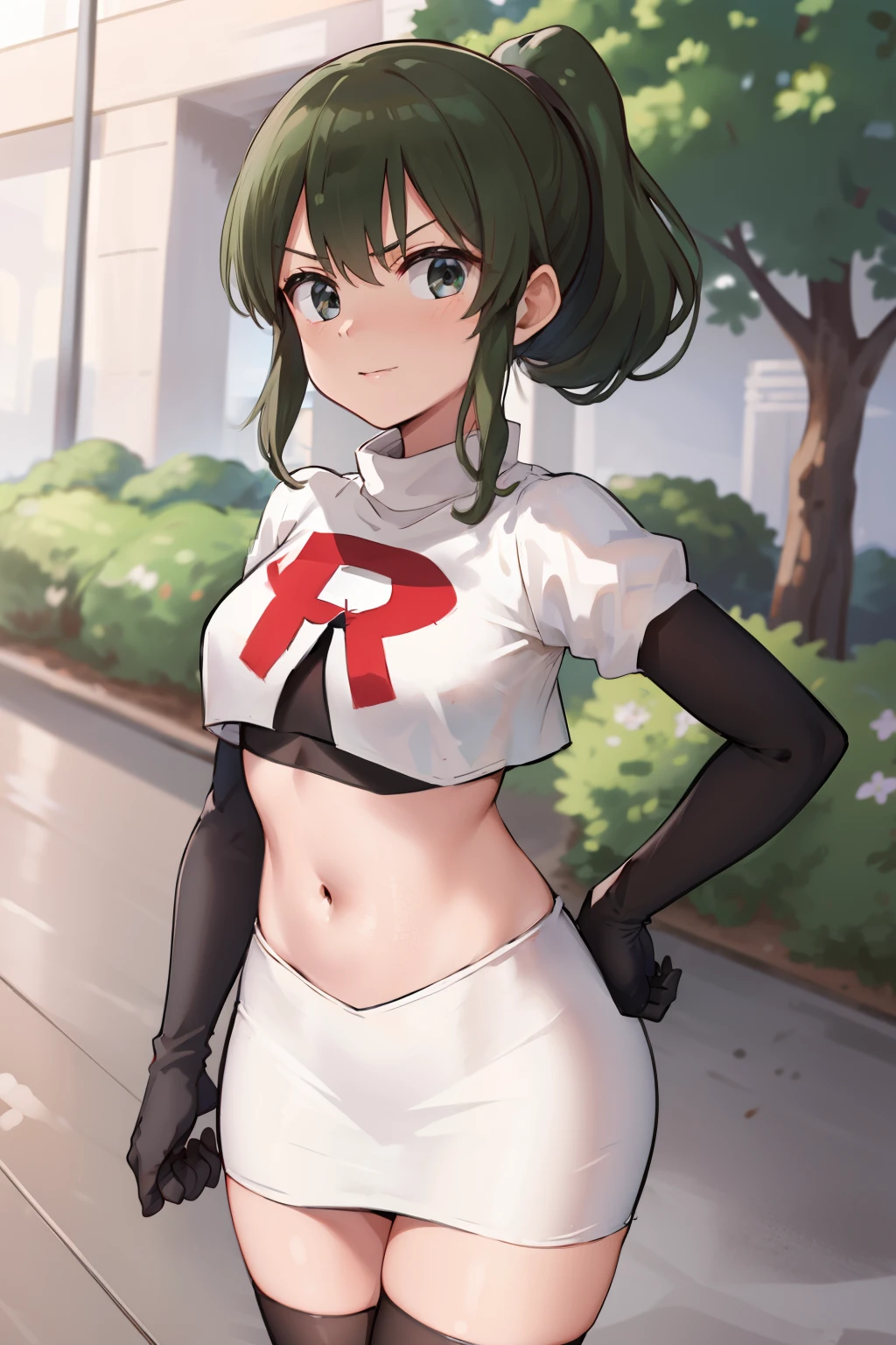 masterpiece,best quality,highres,aafutaba,medium hair,ponytail,cowboy shot,outdoors,team rocket,team rocket uniform, red letter R, white skirt,white crop top,black thigh-highs,black elbow gloves