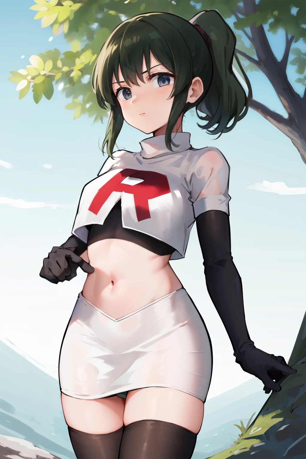 masterpiece,best quality,highres,aafutaba,medium hair,ponytail,cowboy shot,outdoors,team rocket,team rocket uniform, red letter R, white skirt,white crop top,black thigh-highs,black elbow gloves