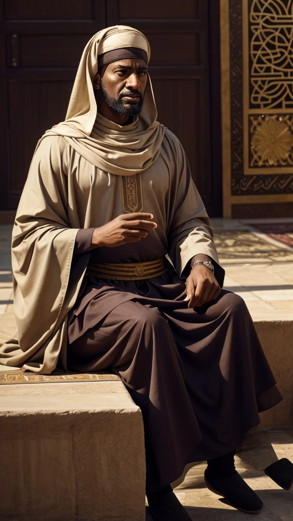 Saladin in a period of contemplation and planning, signifying a turning point, set in a historical Islamic setting post-Baldwin's era.