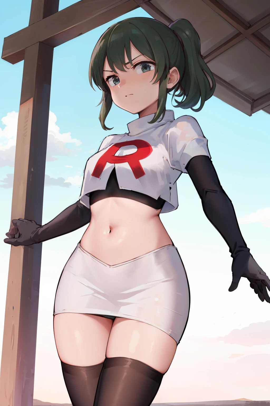 masterpiece,best quality,highres,aafutaba,medium hair,ponytail,cowboy shot,outdoors,team rocket,team rocket uniform, red letter R, white skirt,white crop top,black thigh-highs,black elbow gloves