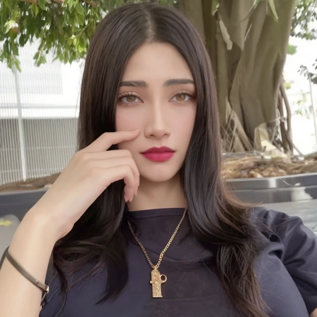 Mujer araffe con pelo largo y negro y un collar con una llave dorada., pale skin persian girl, 19 year old girl, 18 years, violeta myers, 30 year old Cuban woman., beautiful iranian woman, low quality video, con pelo largo y ojos penetrantes, very muy baja calidad, muy baja calidad, modelo de instagram