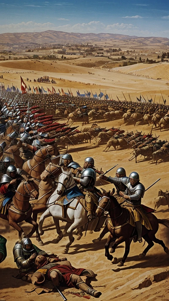 Saladin triumphantly defeating the crusaders at the Battle of Hattin and conquering Jerusalem, depicted in a grand and victorious medieval battle scene.