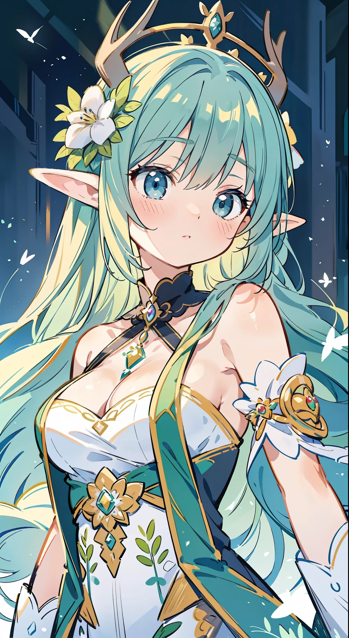 high high quality，masterpiece，Delicate facial features，Delicate hair，Delicate eyes，Delicate hair，animemanga girl，deer antlers，Black color hair，florals, Dreamy style, Fantastic flower garden，fantasy style clothing,Romantic dress,  beautiful and elegant elf queen, a beautiful fantasy empress, Fantasy art style, ((a beautiful fantasy empress)), Anime fantasy illustration, high priestess, fey queen of the summer forest, anime art nouveau, goddess of the forest, portrait of an elf queen, A beautiful artwork illustration，8K high quality detailed art（Delicate facial portrayal）（Fine hair depiction）（highest  quality）（Master masterpieces）（High degree of completion）（a sense of atmosphere）8k wallpaper，tmasterpiece，Best quality at best，ultra - detailed
