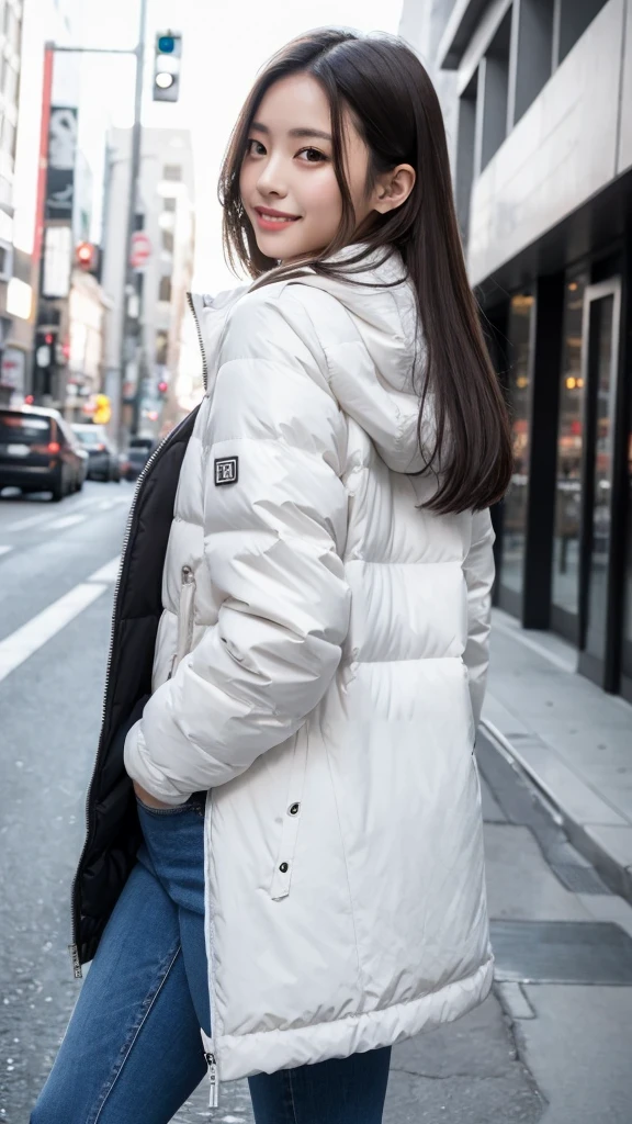 Wearing denim jeans,shoot length down jacket