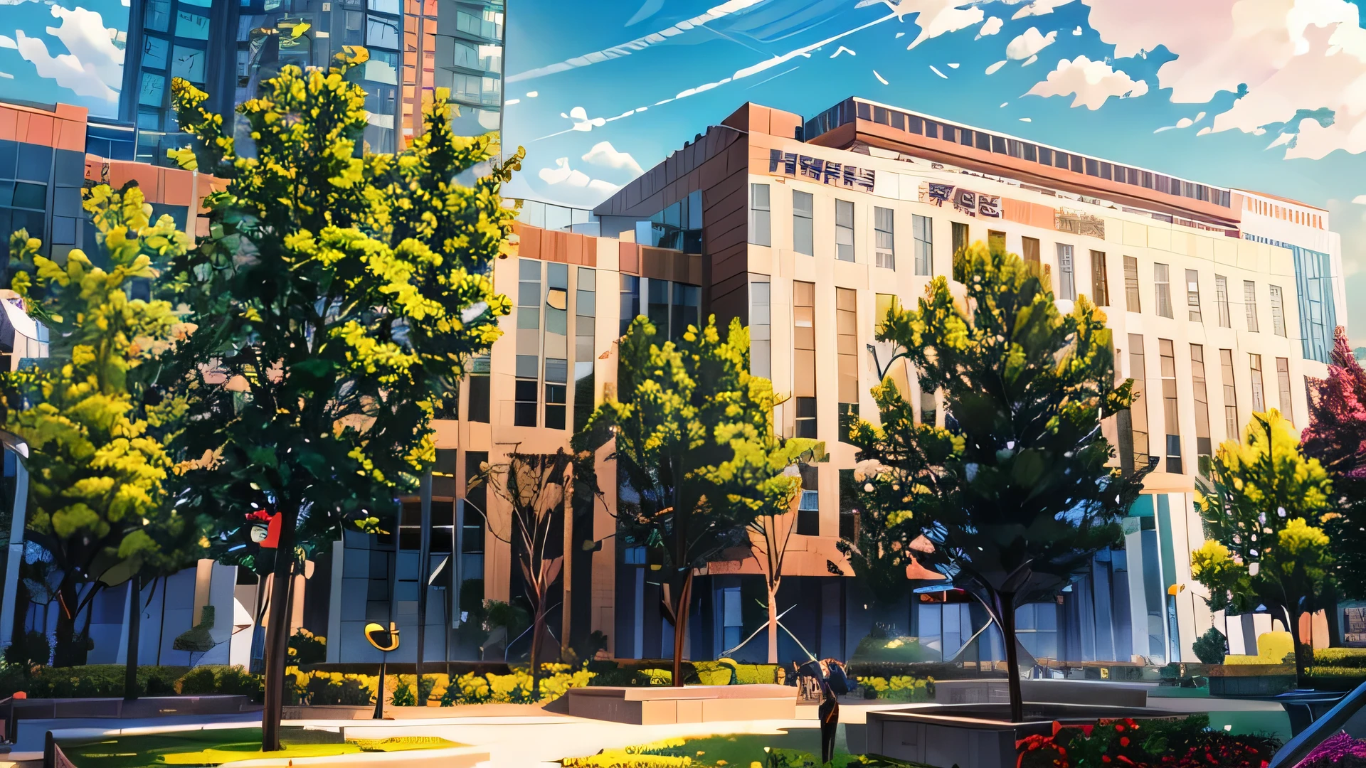 Trees in the park in front of the building,There is a sign on it, research complex, office building, modern technology building, baotou china, research center, completed building, nanquan, medical research facilities, High detail photos, jin shan, jinyiwei, full view, neat buildings、Dense, office, building facing, mingchen shen, nice images