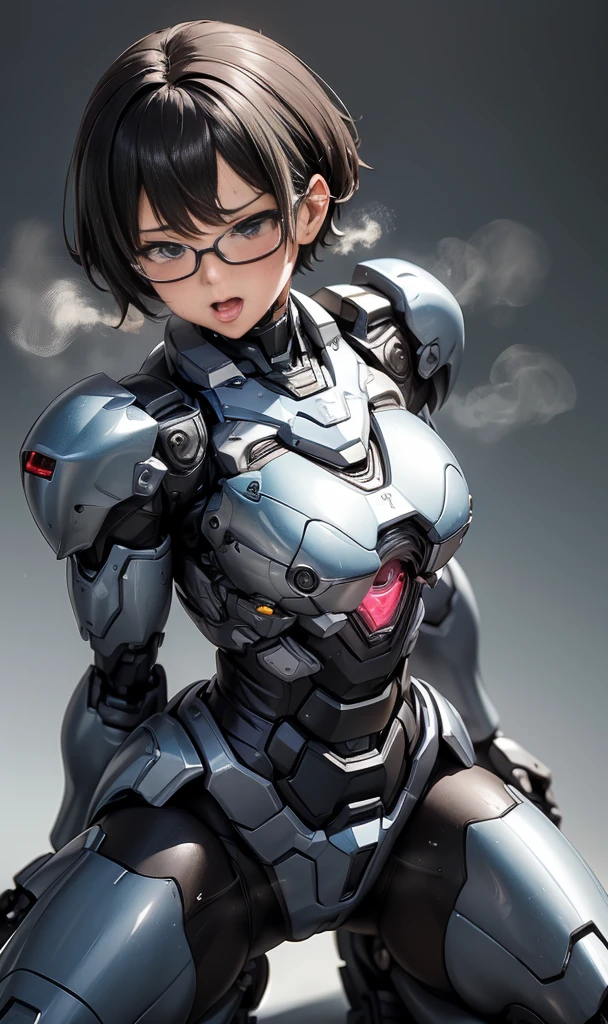 rough skin, Super detailed, advanced details, high quality, 最high quality, High resolution, 1080P, hard disk, beautiful,(War Machine),beautifulcyborgの女性,ダークグリーンメカcyborgガール,In combat,Mecha body girl,、 girl　　laughter　open your mouth　sweaty　ベリーshort hair−、sweaty brown eyes、sweaty face、embarrassed look　blush　cute　black haired　((steam from head)) Glasses　bbw　diagonal angle　Elementary schooltic face、tongue out、short hair　sexy eyes　whole body、black haired、cyborg、erotic pose、sweaty face、sexy eyes、squat and open your legs、I can see the vagina