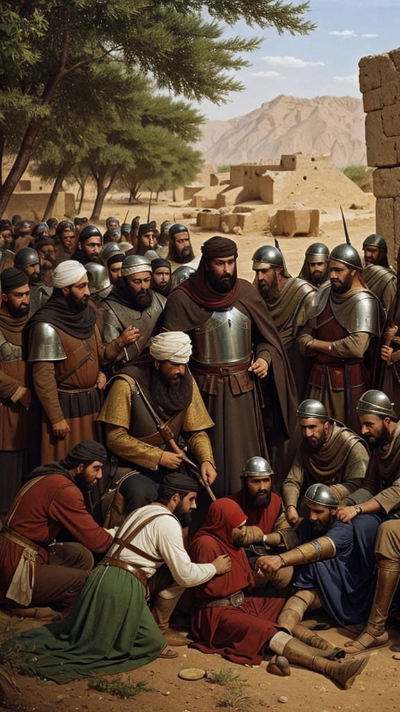 Saladin advising his men against shedding blood, with a wise and cautionary expression, set in a medieval Islamic military camp.