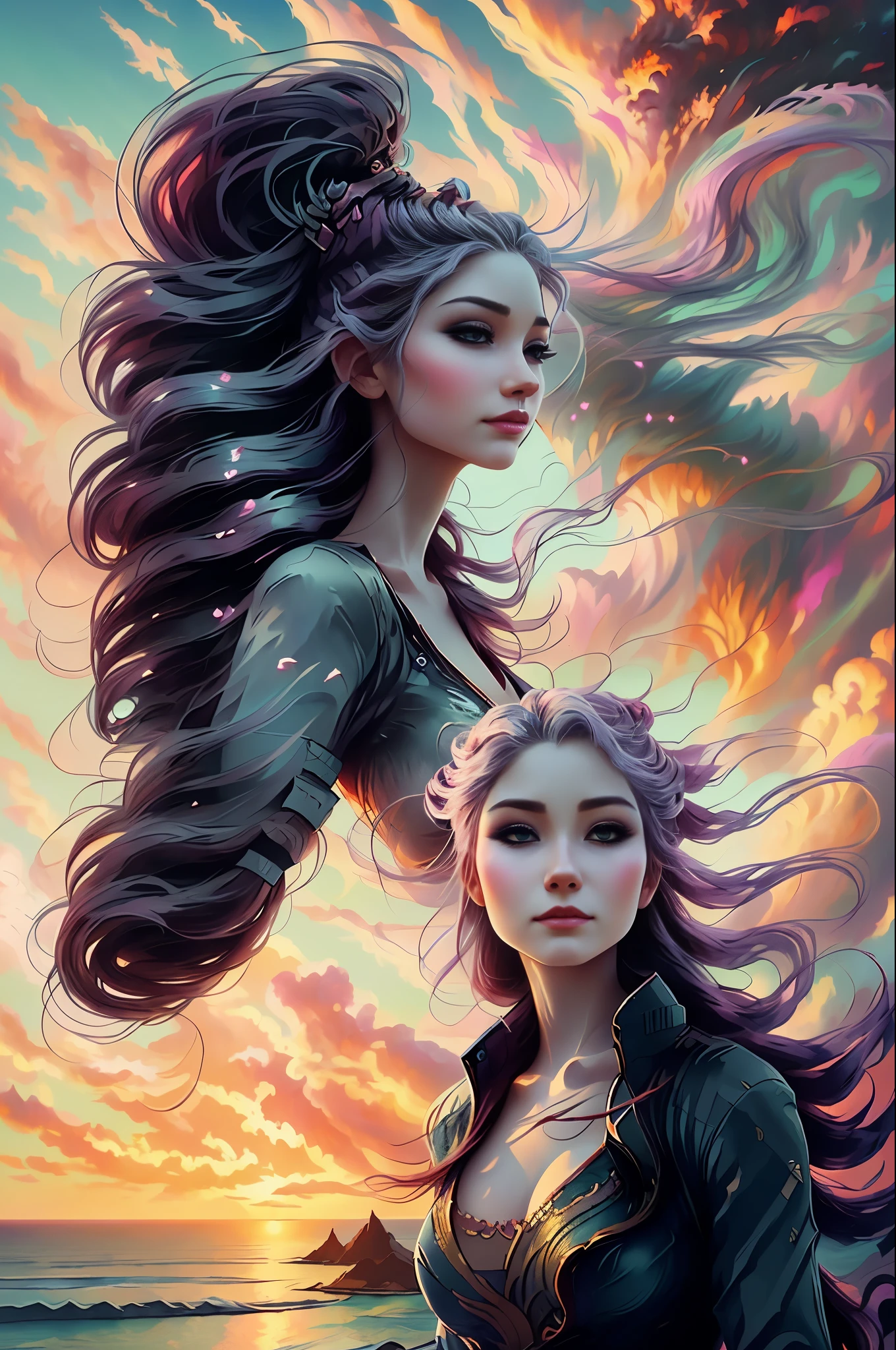 a woman standing on a cliff, a dragon with a long tail in the pastel clouds with smoke, dragon queen, fantasy art style, 4k fantasy art, epic fantasy digital art style, high detailed woman’s face lips eyes mouth, warm smile, kind eyes, looking out into the ocean, vibrant colors