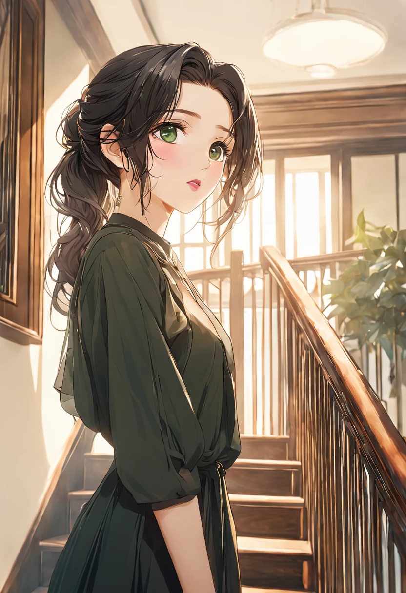 Masterpiece, best quality, super detail, High resolution, 4k), (beautiful detail eyes), (very detailed face)hdr,, a 20 year old young woman standing on the stairs, home, open lips, speaking, white temperament brand clothes, eye details, anime style, ,Black hair, Green eyes，，Korean luxurious room, harmonious colors, soft light