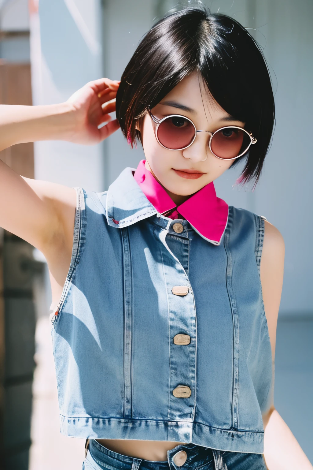 Asian girl with a black straight sleek chin length bob with pink highlights, no bangs, hair tucked behind one ear, sleeveless dark red button down shirt, silver circle glasses, jeans