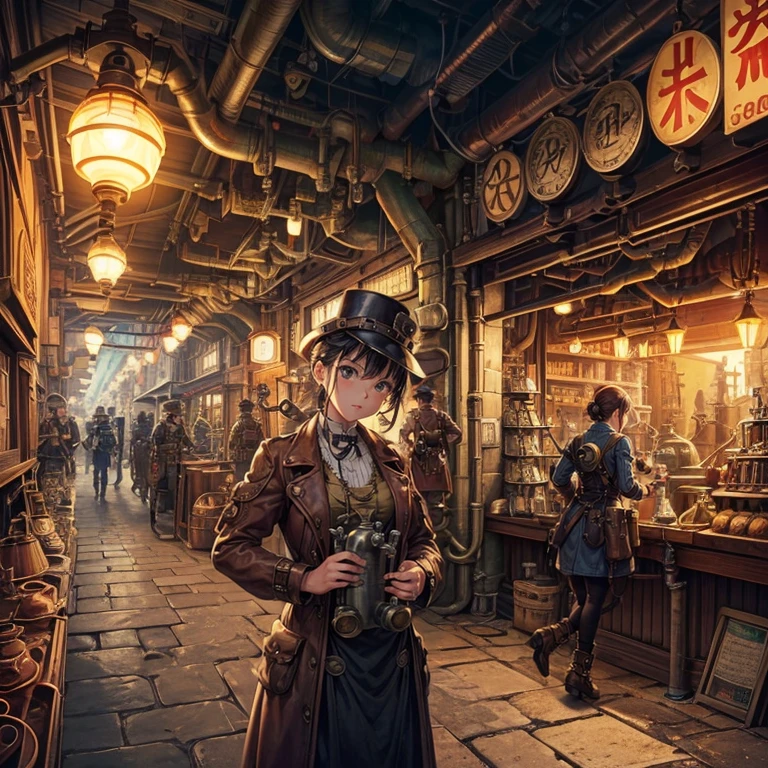 steampunk、　underground shopping street、Junk shop、person in retro clothes々、　There are many steam pipes throughout the town.、(Retro gas lamps with different shapes:1.1)、　(Steam spewing out from pipes:1.2)、　Armed girl、(lots of piping:1.4)、(big and small々plumbing:1.3)、general store、pipe with valve、duct