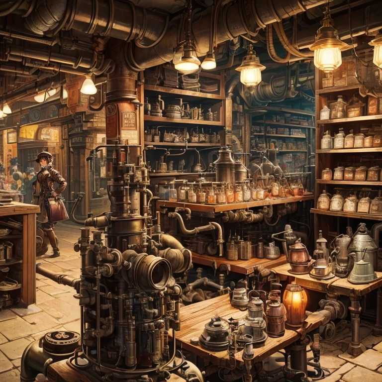 steampunk、 underground shopping street、Junk shop、person in retro clothes々、 There are many steam pipes throughout the town.、(Retro gas lamps with different shapes:1.1)、 (Steam spewing out from pipes:1.2)、 Armed girl、(lots of piping:1.4)、(big and small々plumbing:1.3)、general store、pipe with valve、duct