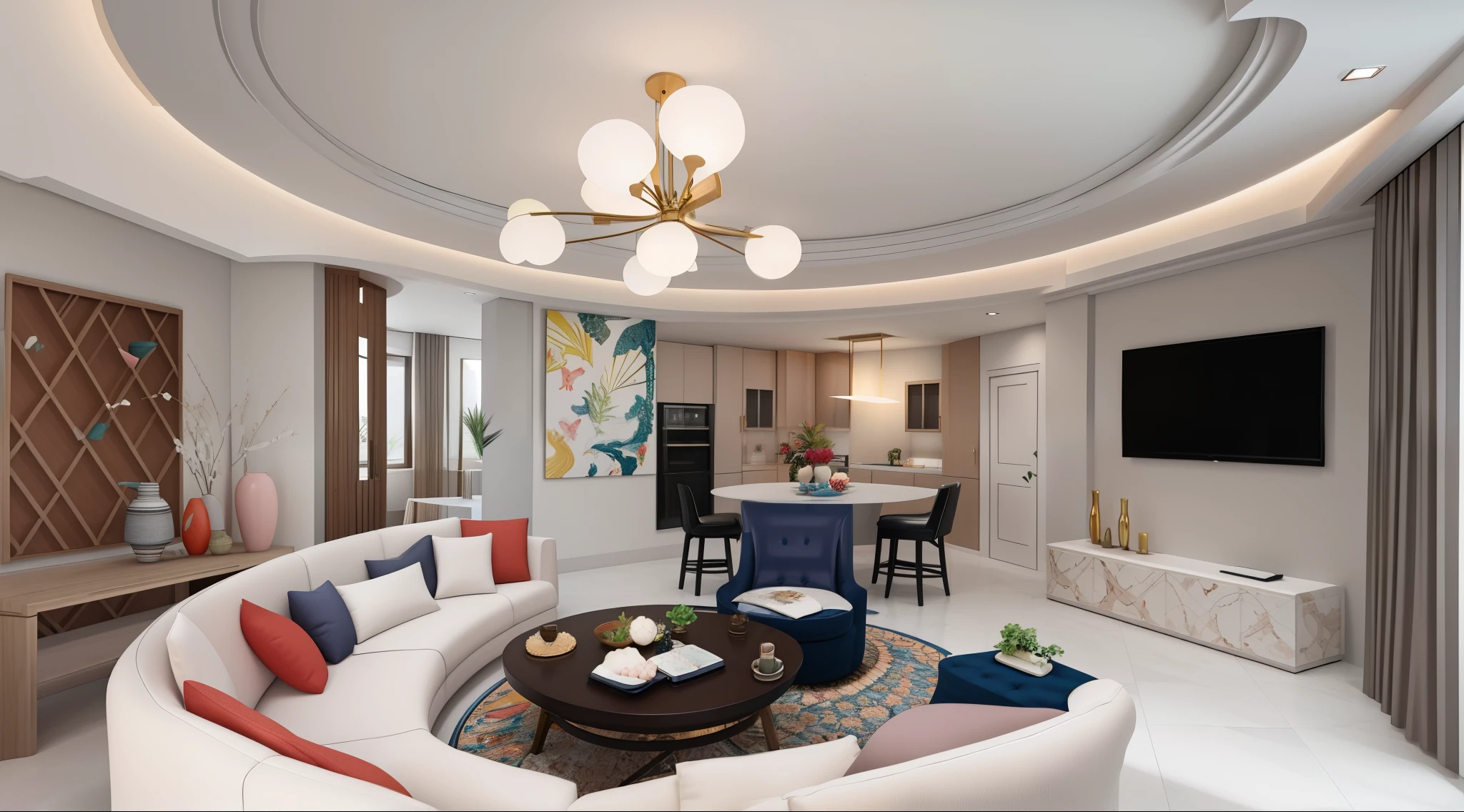 Create a 3D illustration of the living room in a tropical-style house, featuring a refreshing and airy atmosphere. Incorporate vibrant colors, durable materials such as tiles and wood suitable for hot and humid climates, and a touch of sea salt in the air. The interior design should exude luxury and sophistication, with a stylish ceiling featuring wooden accents. The final image should be in 4k resolution with a 16:9 aspect ratio