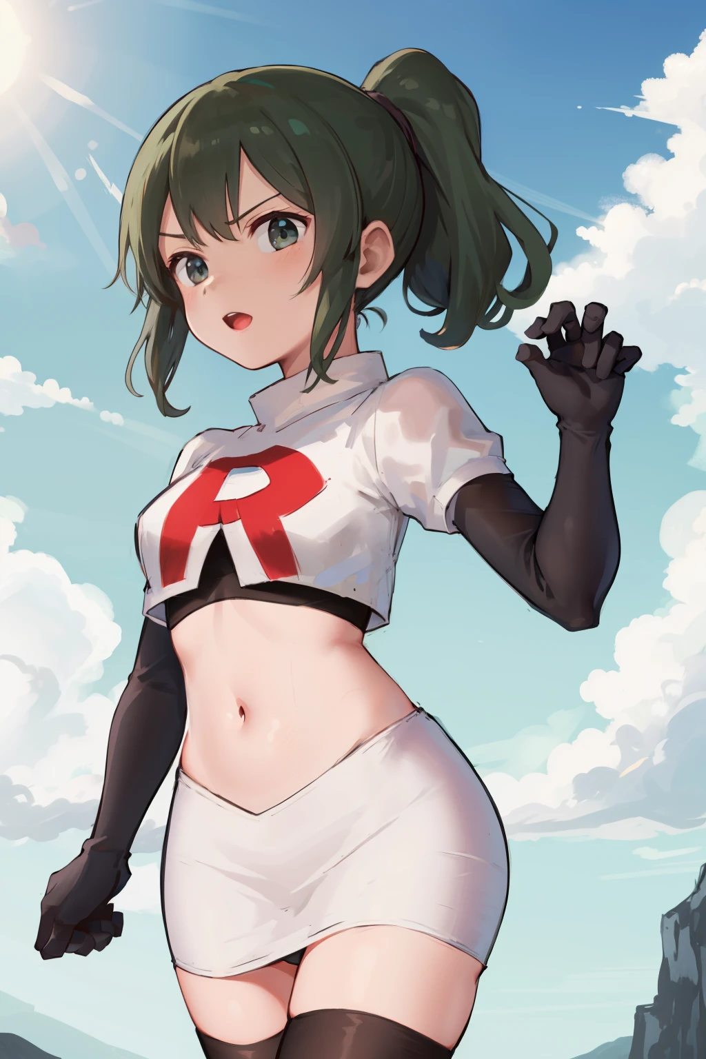 masterpiece,best quality,highres,aafutaba,medium hair,ponytail,cowboy shot,outdoors,team rocket,team rocket uniform, red letter R, white skirt,white crop top,black thigh-highs,black elbow gloves