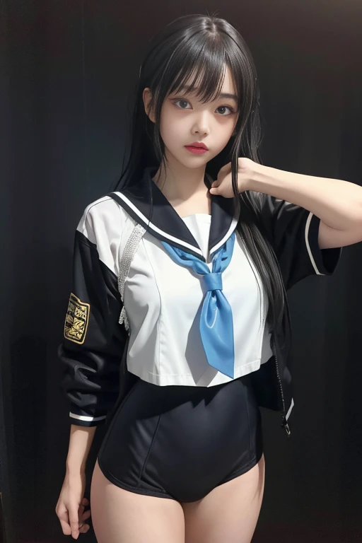 play sports often, sailor suit, No panties, (Cyberpunk settings: 1.2), compensate,, (1 girl: 1.4), highest quality, masterpiece, (reality: 1.2), young woman, lady, detailed face, fine eyes, fine hair, fine skin, looking at the viewer, dramatic, vibrant, sharp focus, 50mm, f1.2, EOS R8, (3/4 body: 1.2), Are standing, (complex background: 1.6), (highest qualityの詳細: 1.2), 8K HD,