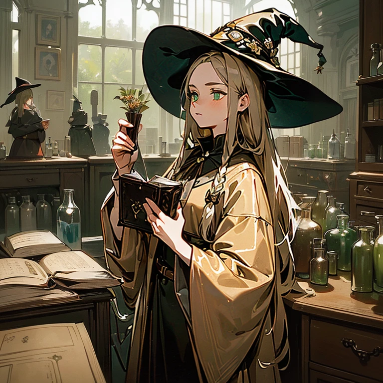(A witch around 25 years old holding a thick leather bound book.:1.3)、 beige dress black cloak、dark brown long boots、green eyes、flaxen long braided hair、 troubled face、large sapphire brooch、sunroom、Chemistry Experiments、big pot、Many dried flowers hanging from the ceiling、(There are many medicine bottles on the desk.:1.2)