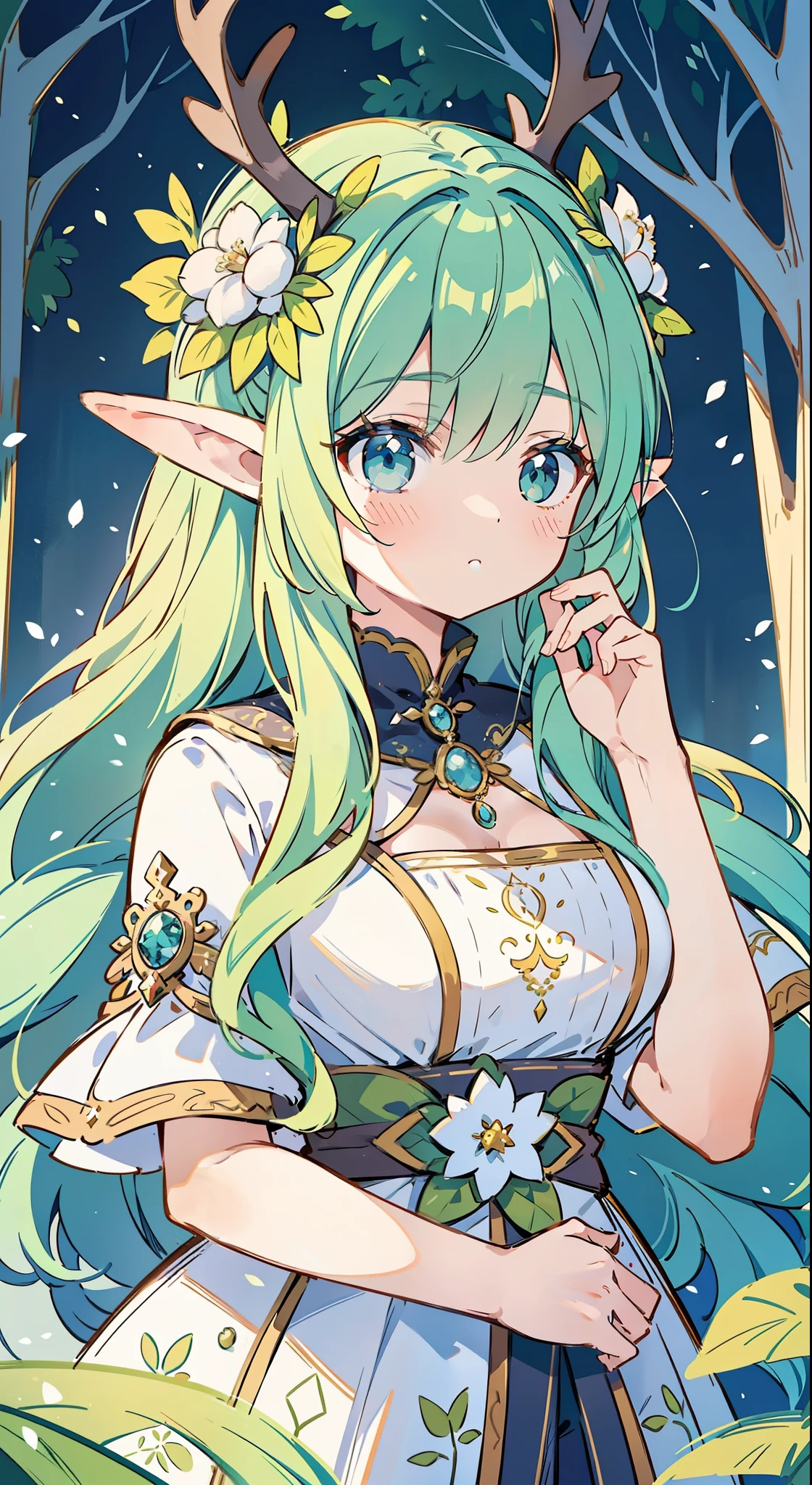 high high quality，masterpiece，Delicate facial features，Delicate hair，Delicate eyes，Delicate hair，animemanga girl，deer antlers，florals, Dreamy style, Fantastic flower garden，fantasy style clothing, Romantic dress,  beautiful and elegant elf queen, a beautiful fantasy empress, Fantasy art style, ((a beautiful fantasy empress)), Anime fantasy illustration, high priestess, fey queen of the summer forest, anime art nouveau, goddess of the forest, portrait of an elf queen, A beautiful artwork illustration，8K high quality detailed art（Delicate facial portrayal）（Fine hair depiction）（highest  quality）（Master masterpieces）（High degree of completion）（a sense of atmosphere）8k wallpaper，tmasterpiece，Best quality at best，ultra - detailed