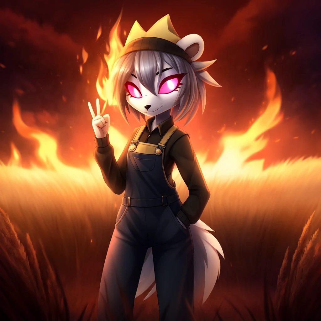 (Octavia:0.8), Model、bear、woman、gesture、gray_body_fire headgear pink_Eyes are simple_backgroundソロv_grassland_background、mascot, Overall image, fire attribute, Heat resistant features, Unique creativity and design, Simple motifs, fire-like shapes, etc., Unreal V has a cute image that matches the characteristics of the era., 素晴らしい親和性 Unreal Engine 5 かわいいbear つるつるの毛並みのような 可愛らしくキリリとした目, UHD Unreal V