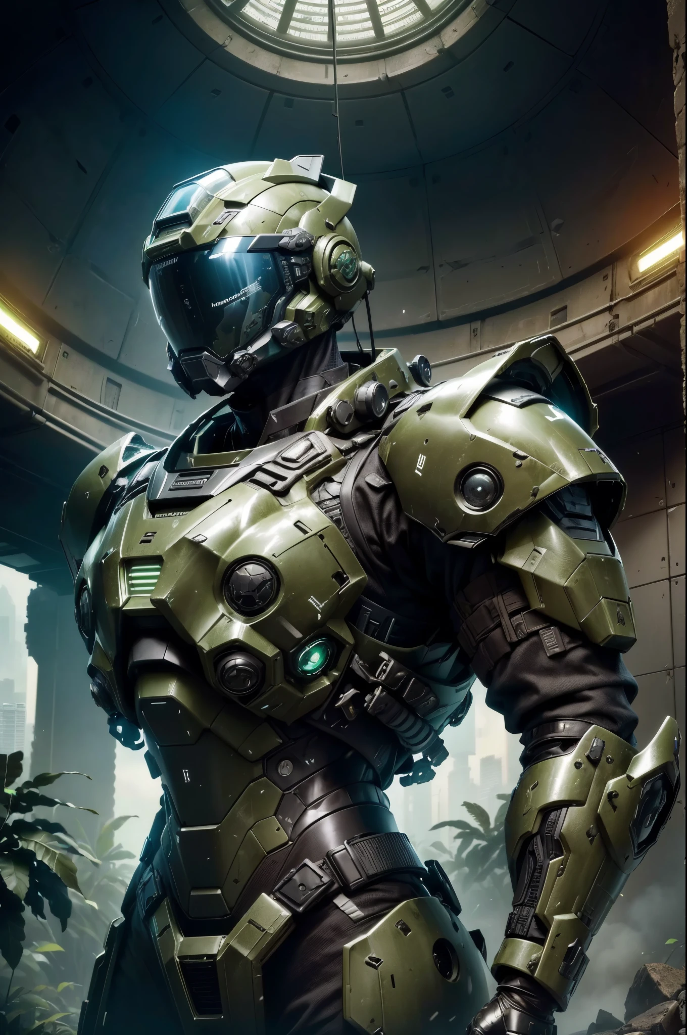 (Futuristic :1.4), Unidade de Busca e Salvamento,1 soldado, Searching for the ruins with combat devices, ((futuristic armor And tactical helmet with black technological visor)), ((PLANETA verde no fundo)) , UHD, master piece