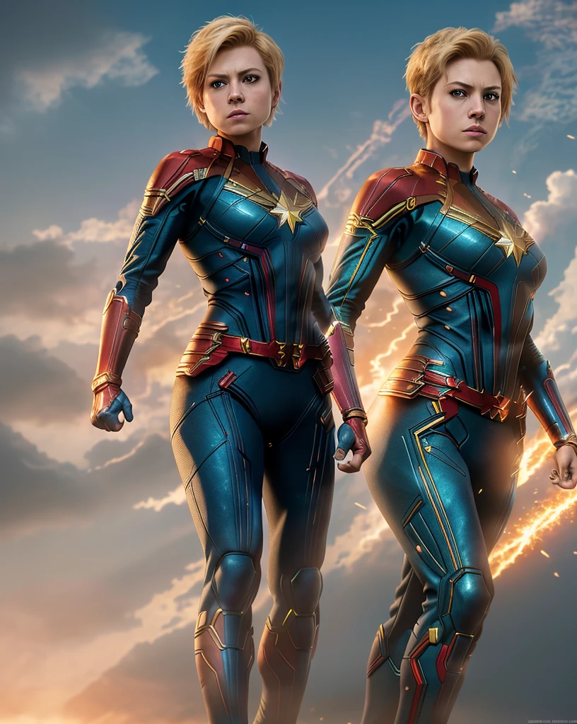 full body shot of kathwin:1,side lighting,(short pixie hair:1.3),rim lighting on hair, shallow sharp depth of field, feminine heroic,(curvy:1.4), (highly detailed), (Award winning), (Masterpiece), movie still, (HDR), (8k wallpaper),captain marvel suit,flying,sky background,female focus 