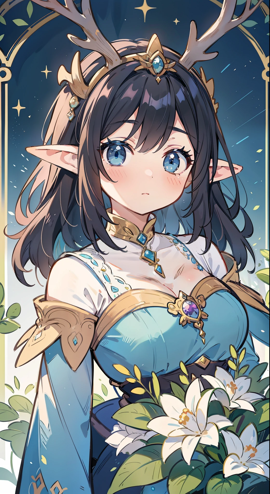 Elf beauty、(Half an eye:1.2)、From diagonally ahead(blush:1.3)、whole body、Nipples、Smile,in the forest