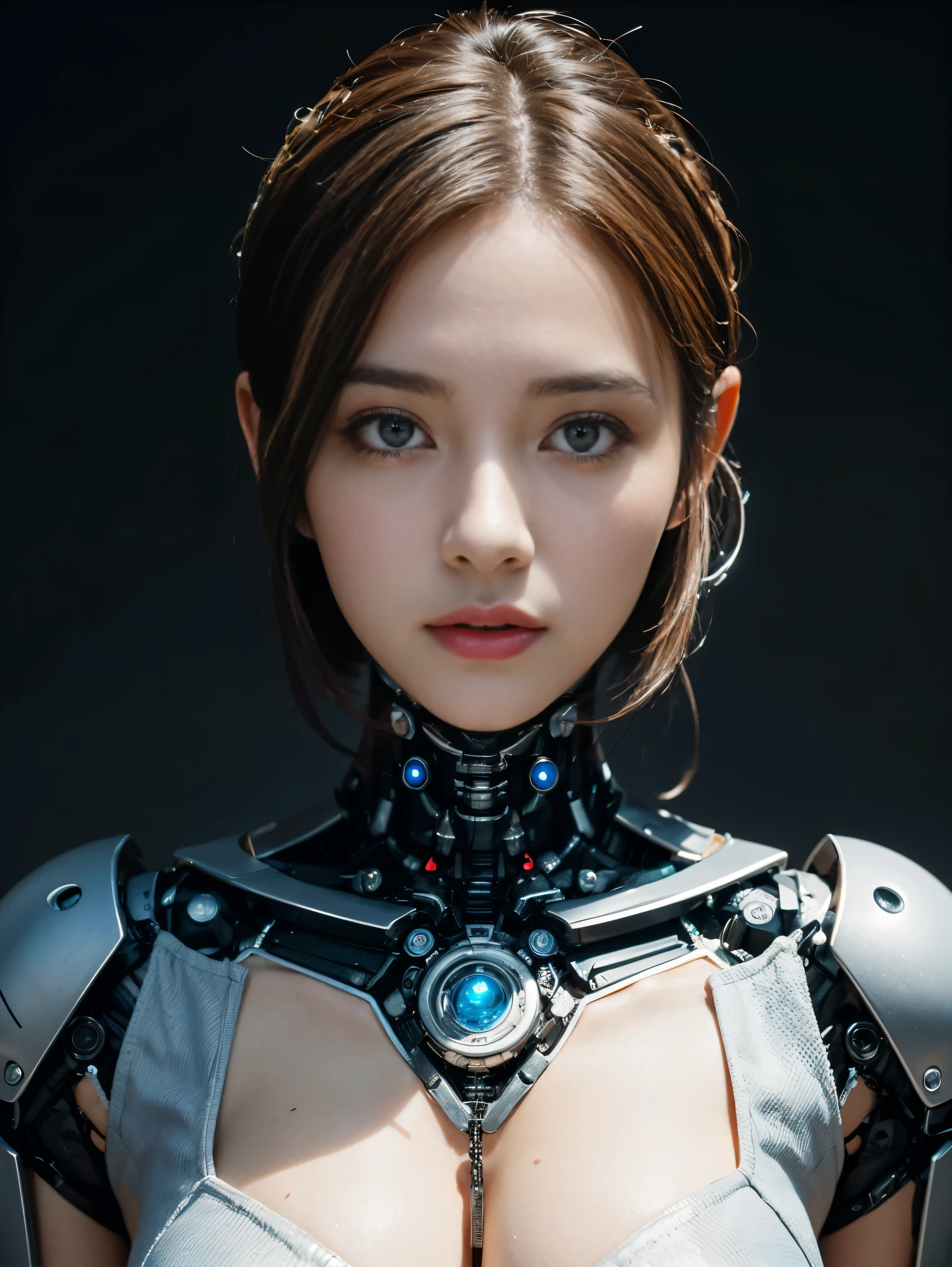 Gorgeous cyborg girl, gorgeous woman face with robotic female body, half human half cyborg,intricate details, vivid colours, exquisite masterpiece, UHD, 9999k resolution