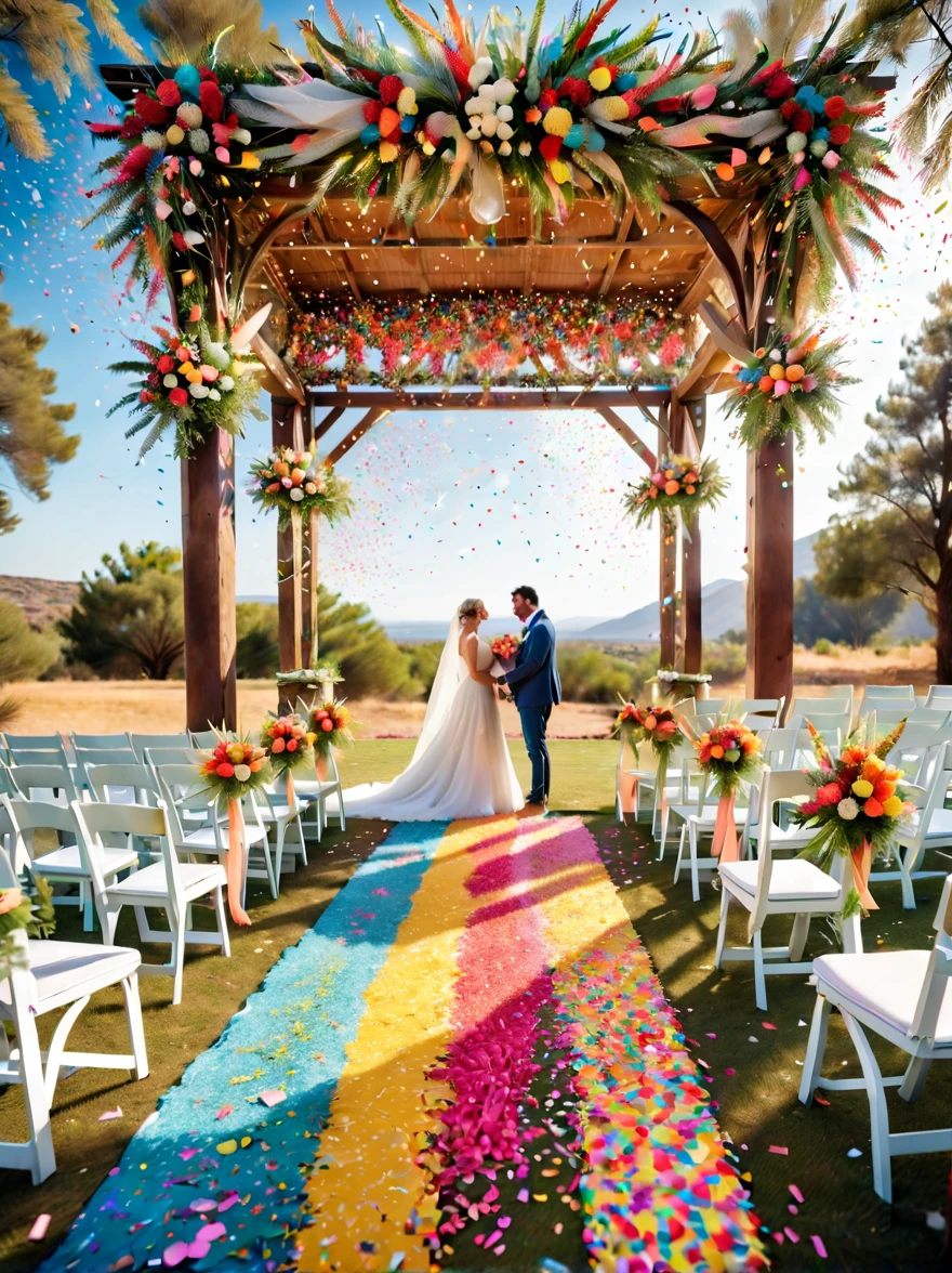 ((Create an image of a Western-style wedding scene with a display of multicolored confetti filling the air)). The setting is outdoors during the day, under a clear blue sky. The wedding setup includes a white aisle runner leading to a beautifully decorated altar with white flowers and green foliage. There are elegantly dressed guests seated in rows of white chairs on either side of the aisle. The focus is on the joyous moment where a burst of confetti is being thrown into the air, creating a vibrant, festive atmosphere. Capture the happiness and of the event. EGirlMakeup