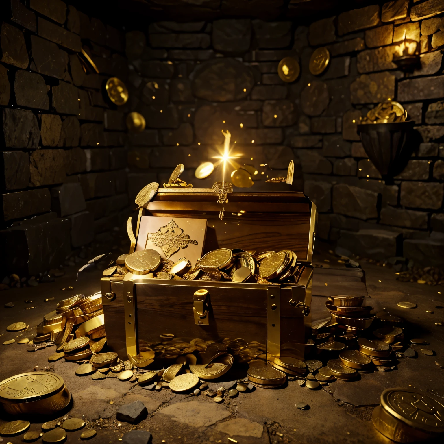 Mountains of small gold coins,Gold coins pile up on the treasure chest,The treasure chest is open,filled with jewels,Radiates light