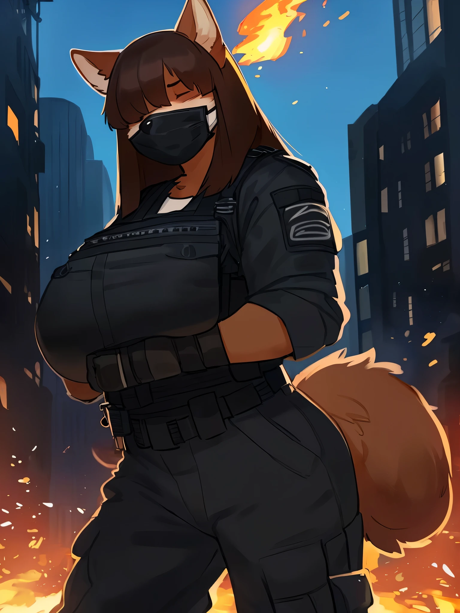 By bebebebebe, by lostgoose, by goonie-san, female, ((canine, snout, hair covering eyes, straight hair, medium hair, flat hair, ears, thin snout)), brown fur, (big poofy tail, raised tail), dark maroon hair, (muscular), (big breasts), solo, ((black cargo pants, black combat boots, black tactical jacket, black bulletproof vest)), burning buildings, destroyed city, ((black surgical mask)),