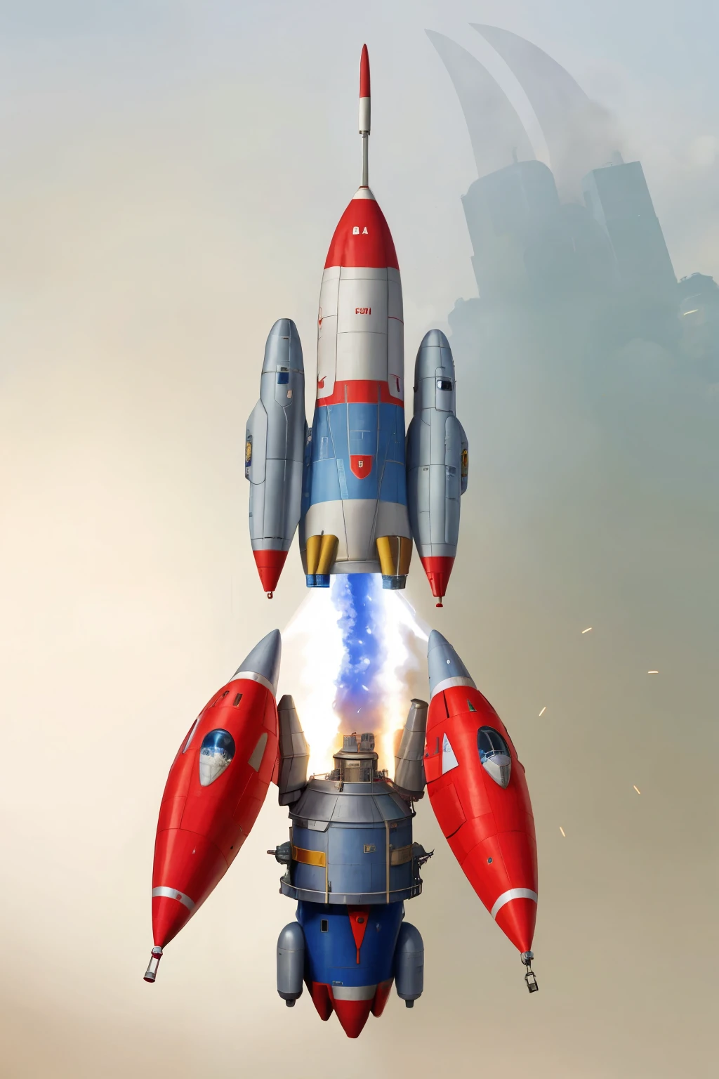 there is a silver and red Rocket with a checkered design on it, super cool Rocket, Rocket ship, Rocket, futuristic 1 9 5 0, 5 0年代复古science fiction风格, author：Bob Lynnwood, spacecraft, space ship, author：Ivan Trash, by Kev Walker, Rockets, spacecraft, 1 / 1 level 6,science fiction