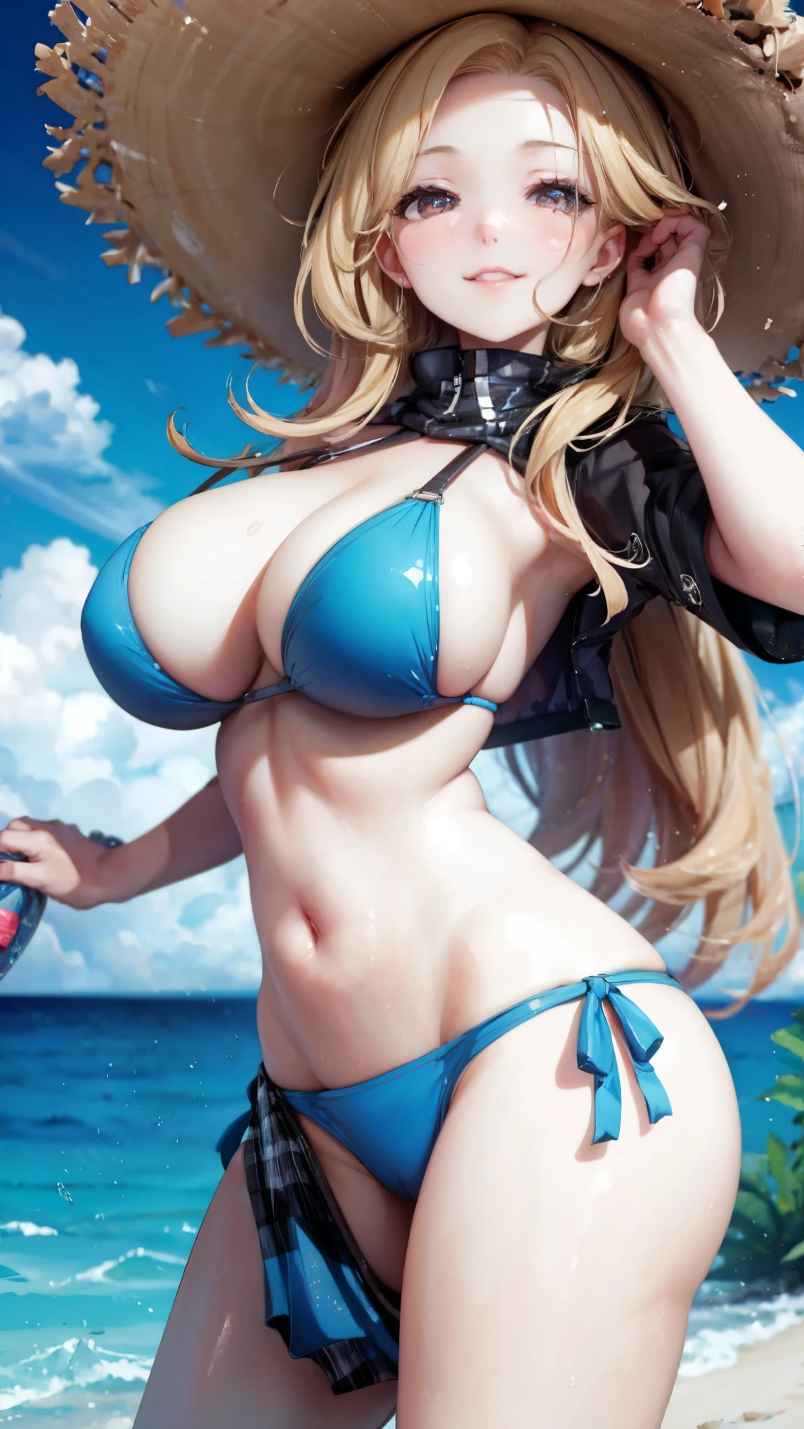 sagging breasts,mature female,smile,huge breasts, gigantic breasts,long breasts, (((face focus))),cowboy shot,solo,seductive smile,bikini,sandy beach, beach house,forehead,bare forehead,
