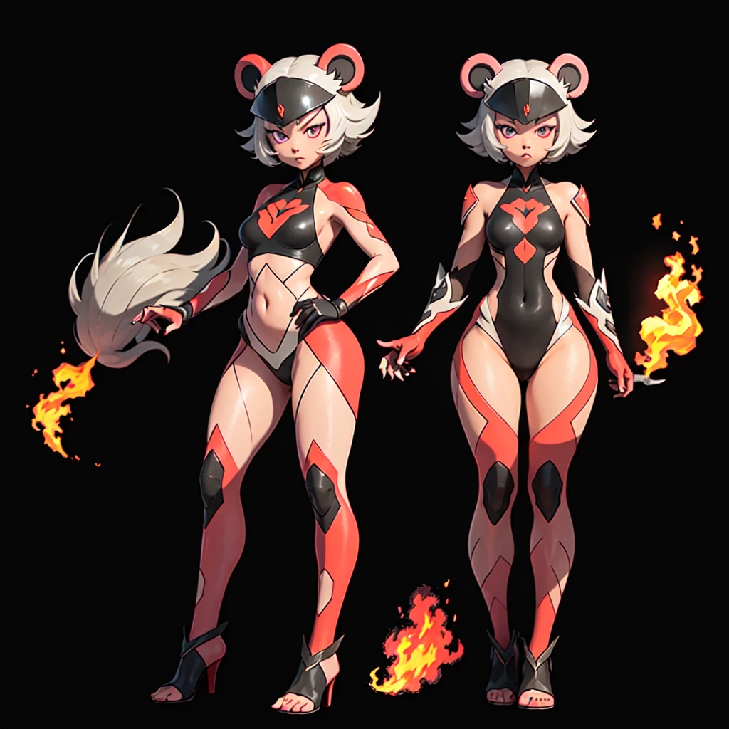 (pal world:0.8), Model、bear、woman、gesture、gray_body_fire headgear pink_Eyes are simple_backgroundソロv_grassland_background、mascot, Overall image, fire attribute, Heat resistant features, Unique creativity and design, Simple motifs, fire-like shapes, etc., Unreal V has a cute image that matches the characteristics of the era., 素晴らしい親和性 Unreal Engine 5 かわいいbear つるつるの毛並みのような 可愛らしくキリリとした目, UHD Unreal V