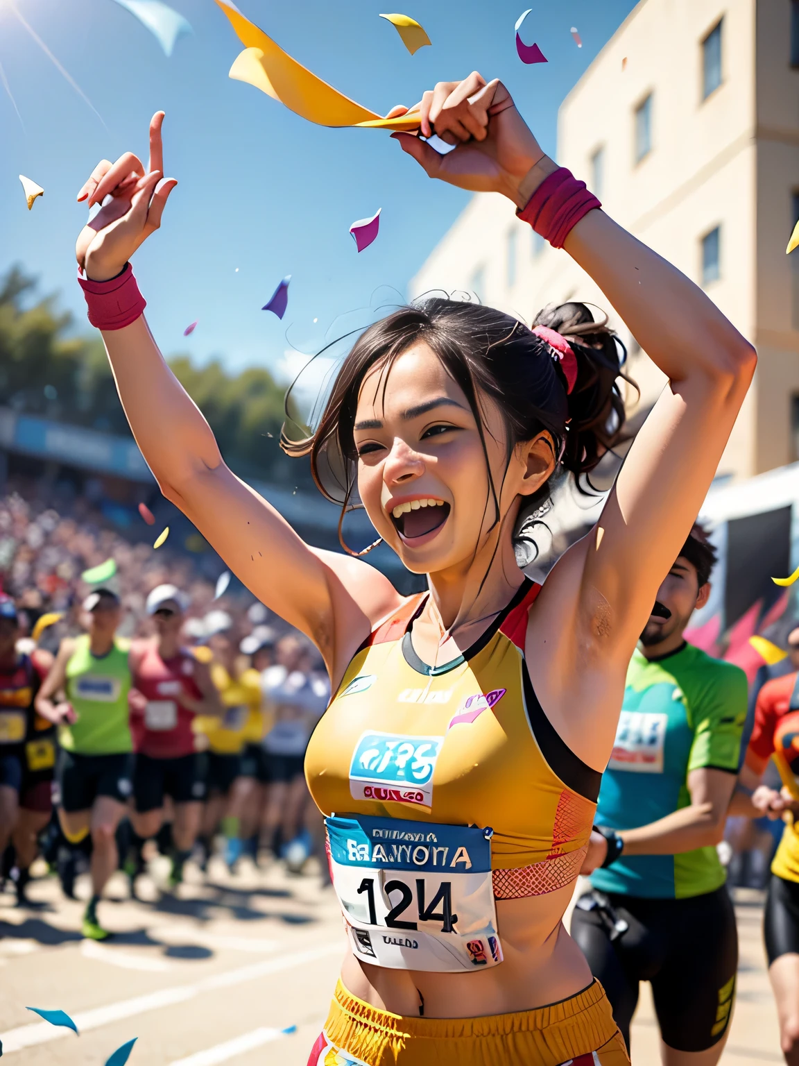 Colorful confetti flies at the marathon finish line.. There were cheers from the audience, praising the long efforts and sweat of the players..