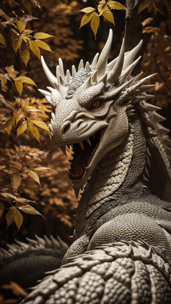 Realistic night scene, professional photography, close up short, moonlight illuminating, a gigantic white eastern dragon, very long body, very long hairs, very tiny hands and legs, scales feature dark wood textures, emitting a white fluorescent glow, dragon's body partially entwines around giant red trees by the lakeside, mid autumn, colourful trees, ancient Chinese dragon, looking firmly at the camera, close-up shot, high resolution, exceptional details, 4K quality, cinematic visuals.