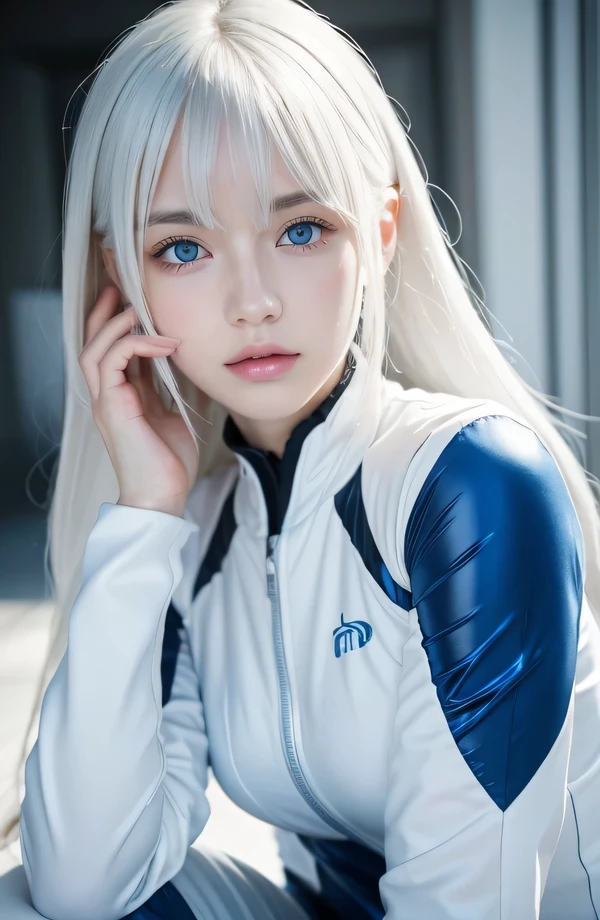 14Caucasian model at the age, 両脚でFull body photo standing,((Clean clothes)), plug suit01is wearing, Natural light, Pretty Caucasian Woman, white hair, bright smile, (8K, Live shooting, highest quality, masterpiece: 1.2), masterpiece, super detail, , High-definition RAW color photo, Full body photo standing, , , , , highly detailed eyes, realistic skin texture, highly detailed fingers, very detailed nose, highly detailed mouth, , Photo above the knee, , See-through feeling、Transparent processing、エバンゲリオンの綾波レイのplug suit01wear、, White hair, Blue eyes, masterpiece, realistic skin texture, , shiny hair and white skin, 、 natural skin texture, A young woman who looks like a girl, Photo above the knee、Blue eyes, 、lowered eyebrows, innocent face, Eyes that look gentle, natural skin texture, round face, Kind eyes, long and pure white beautiful hair、, small face, Spider poetry collection, white, drooping eyebrows, Mont Blanc, white, drooping eyebrows、Eyes with sparkle、Both eyes are the same shape and size、I'm cosplaying Rei Ayanami's.、Both eyes are the same shape and color