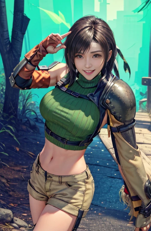 (8K, highest quality, masterpiece:1.2), (realistic, photo-realistic), super detailed, Young beautiful woman、50 years old, alone, (Yuffie Kisaragi), (huge breasts), (embarrassing smile:1.2), (closed mouth)、whole body、bewitching pose、take an erotic pose, neon light, Depth of bounds written, Depth of bounds written, good composition, Final Fantasy VII, short hair, head band, No sleeve, turtleneck, brown eyes, No sleeveturtleneck, gloves, ,crop top, brown hair ,abdomen, open fly, Fingerless gloves,armor, ribbed sweater, shorts,loose socks,Navel exposed,shorts,green aura,Nature、