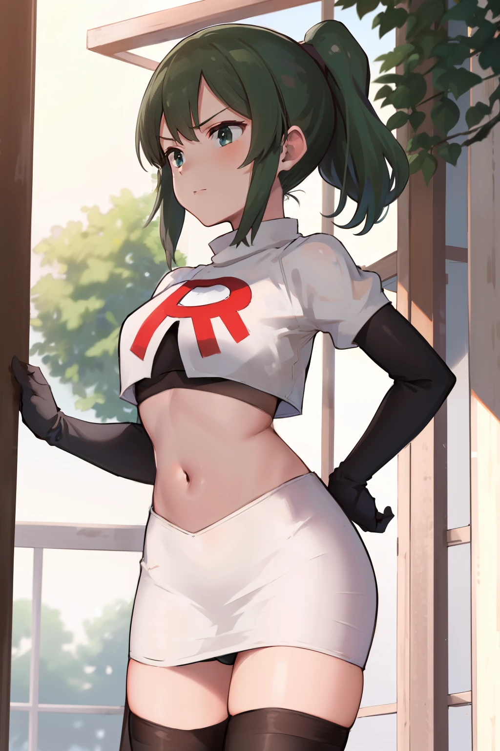 masterpiece,best quality,highres,aafutaba,medium hair,ponytail,cowboy shot,outdoors,team rocket,team rocket uniform, red letter R, white skirt,white crop top,black thigh-highs,black elbow gloves
