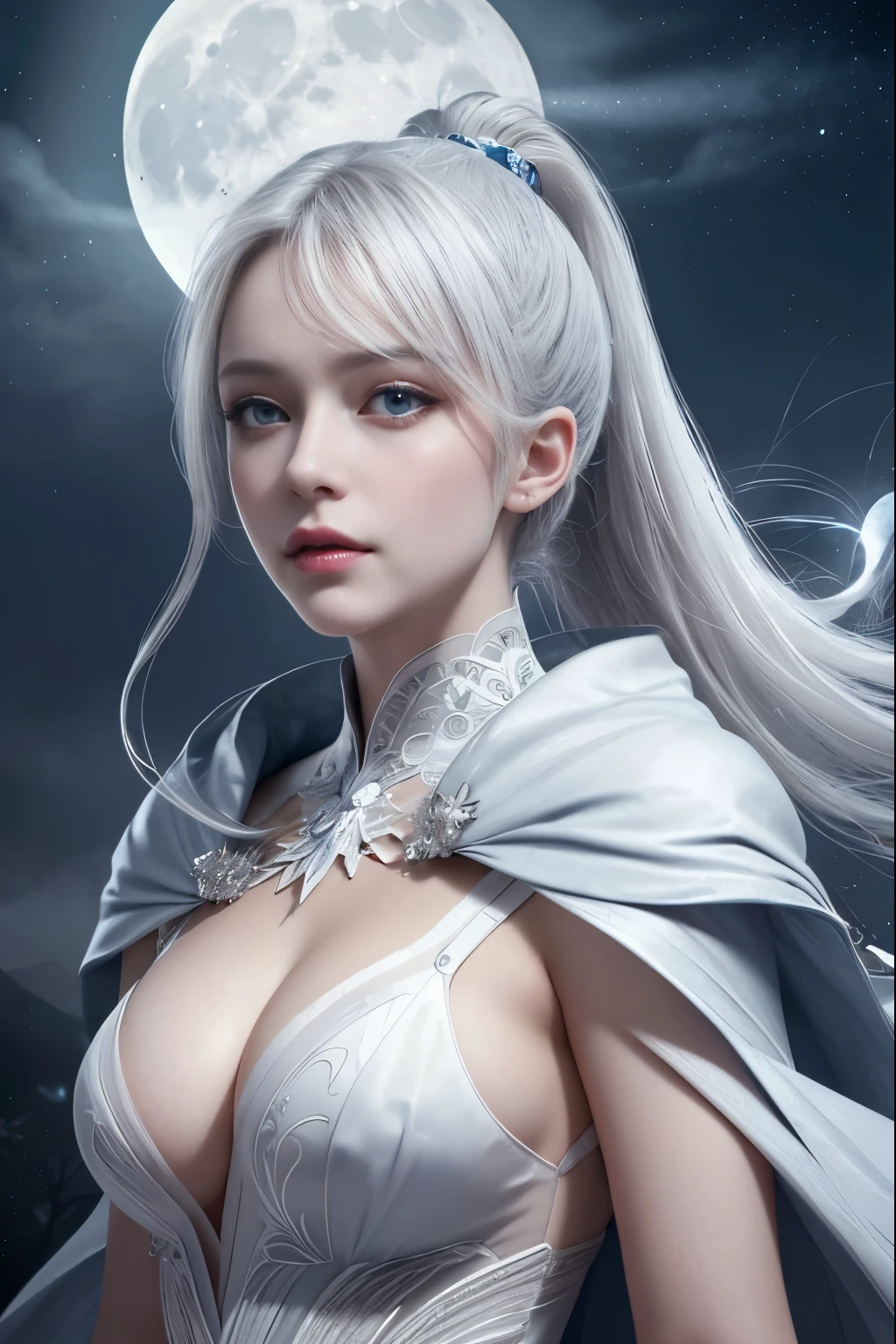 Masterpiece, (Best Quality: 1.2), (Super Fine: 1.2), Illustration, (Extremely Delicate and Beautiful: 1.2), Film Angle, Floating, (Beautiful Detail Eye: 1.1), (Detail Light: 1.1), Film Lights, Delicate Sky, Woman, White Hair, Blue Eyes, (High Ponytail: 1.1), Cloak, Glowing Eyes, (Moon: 1.2), (Moonlight: 1.1), Starry Sky, (Light Particles: 1.1), Fog , snow painting, sketching, blooming