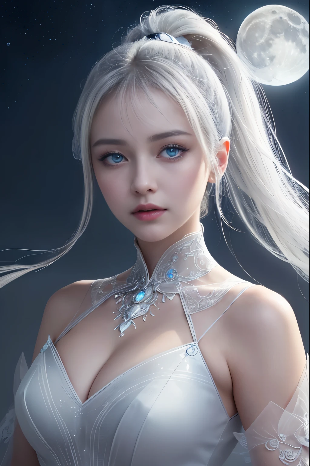 Masterpiece, (Best Quality: 1.2), (Super Fine: 1.2), Illustration, (Extremely Delicate and Beautiful: 1.2), Film Angle, Floating, (Beautiful Detail Eye: 1.1), (Detail Light: 1.1), Film Lights, Delicate Sky, Woman, White Hair, Blue Eyes, (High Ponytail: 1.1), Cloak, Glowing Eyes, (Moon: 1.2), (Moonlight: 1.1), Starry Sky, (Light Particles: 1.1), Fog , snow painting, sketching, blooming