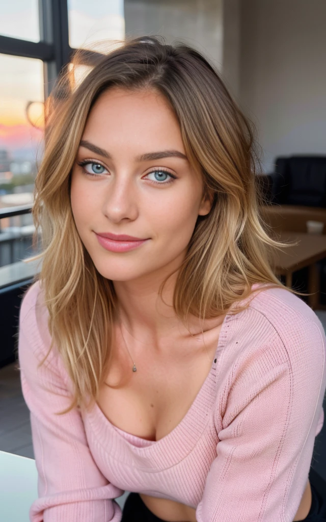 Beautiful blonde in pink sweater (Drink coffee in a modern café at sunset), very detailed, 21 years old, innocent face, natural wavy hair, blue eyes, High resolution, masterpiece, highest quality, intricate details, very detailed, sharp focus, fine skin, realistic skin texture, texture, fine eyes, Professional, 4K, cute smile, Photographed with Canon, 85mm, shallow depth of field, kodak vision color, perfectly fitted body, very detailed, photograph_\(ultra\), photorealistic, realistic, Post-processing, maximum details, roughness, real life, ultra realistic, photorealism, photograph, 8K UHD, photograph