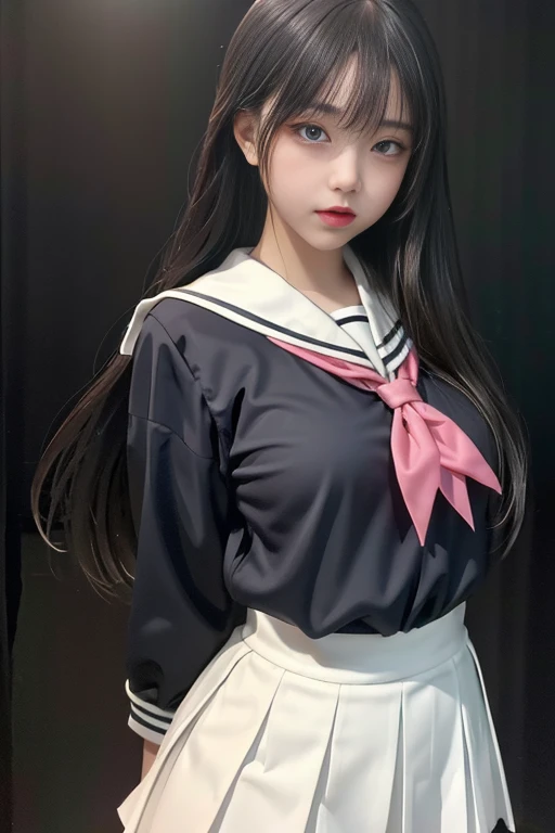 play sports often, sailor suit, No panties, (Cyberpunk settings: 1.2), compensate,, (1 girl: 1.4), highest quality, masterpiece, (reality: 1.2), young woman, lady, detailed face, fine eyes, fine hair, fine skin, looking at the viewer, dramatic, vibrant, sharp focus, 50mm, f1.2, EOS R8, (3/4 body: 1.2), Are standing, (Against the background of the school: 1.6), (highest qualityの詳細: 1.2), 8K HD,